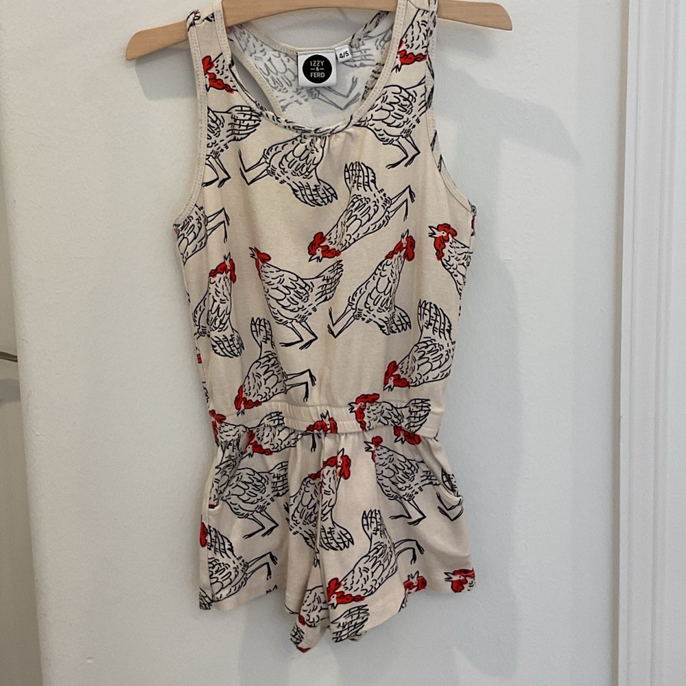 Chicken Print Romper, Izzy & Fred Size 4/5